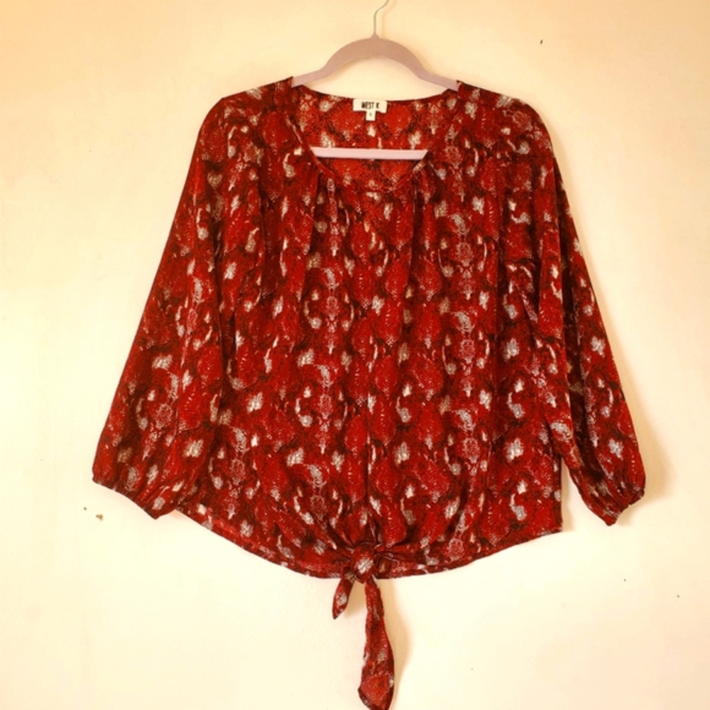New West K Burgundy Pullover Blouse Top Keyhole Size Small‎ NWOT